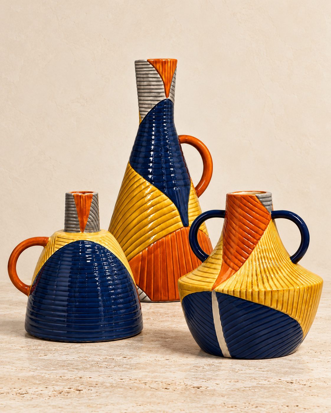 Ensemble de 3 vases décoratifs géométriques multicolores
