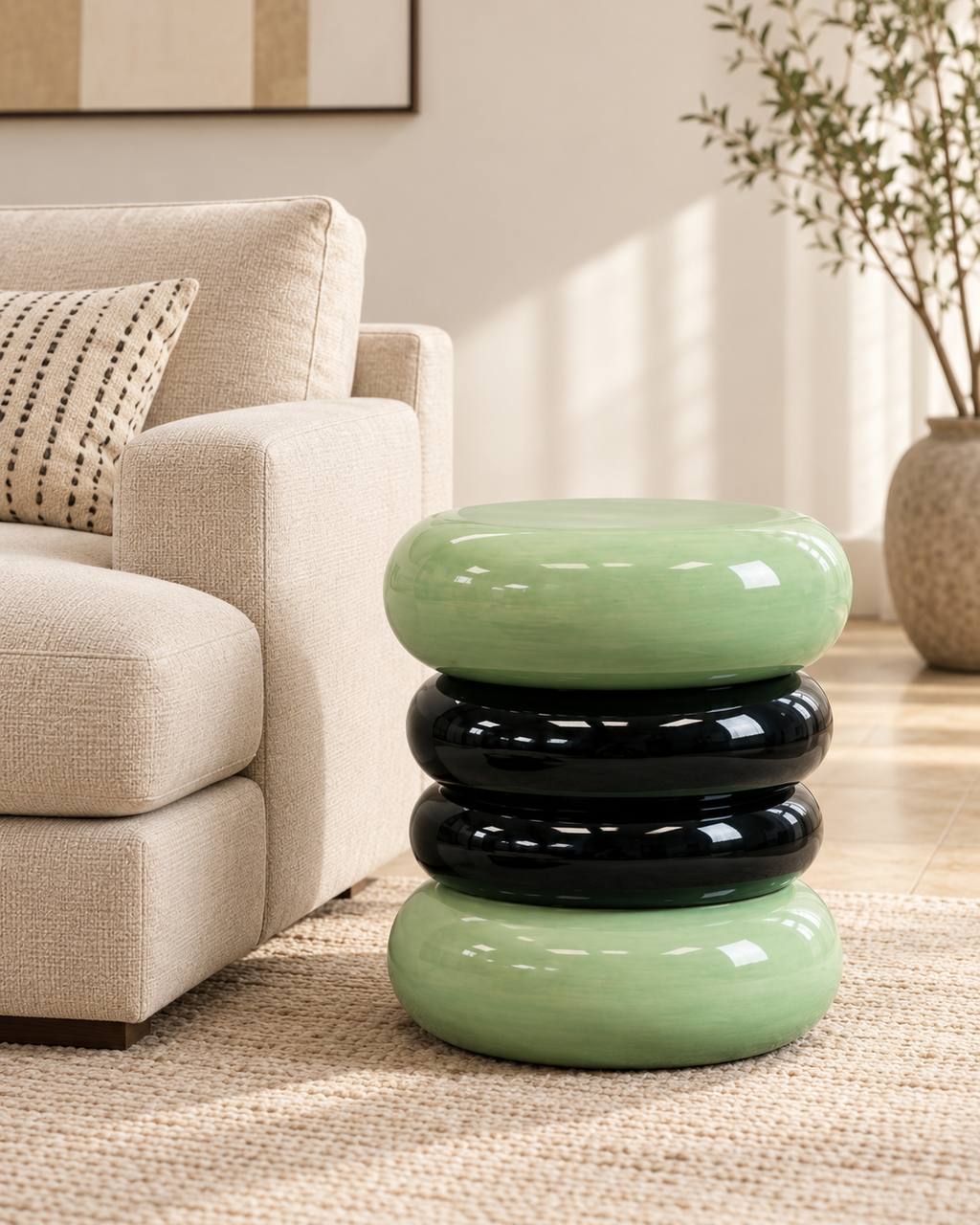 Table d’appoint sculpturale à anneaux – Vert sauge et noir