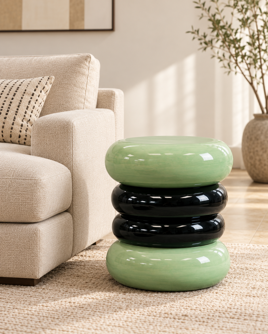 Table d’appoint sculpturale à anneaux – Vert sauge et noir
