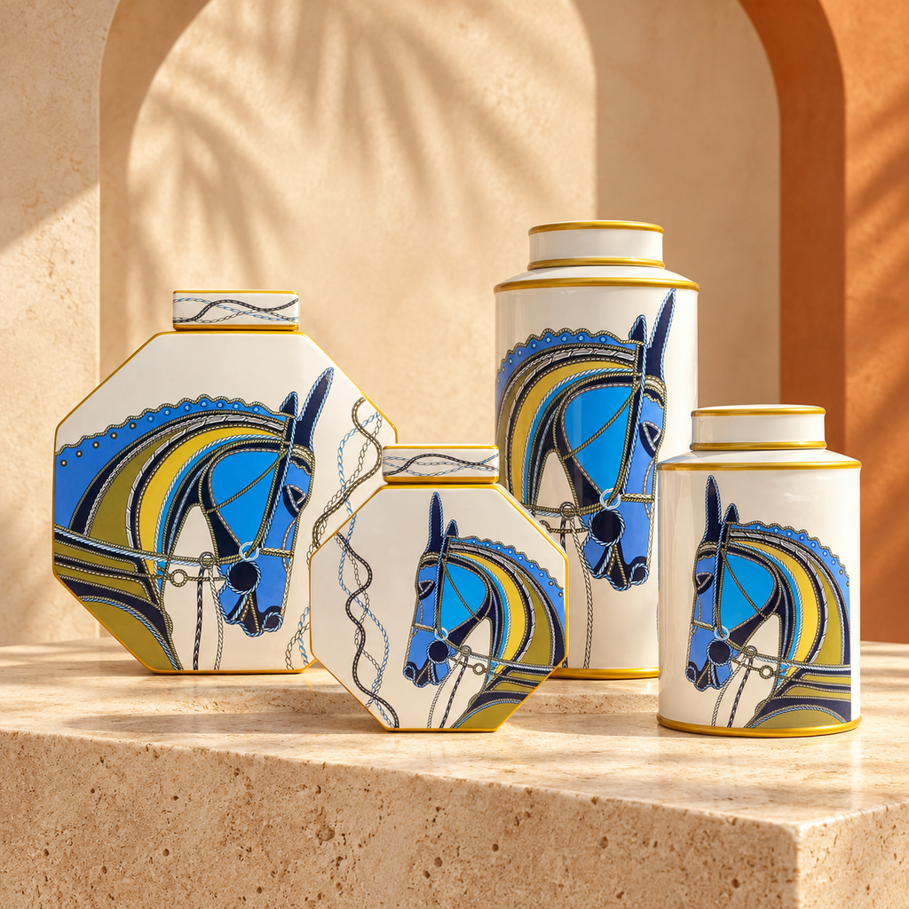Pots décoratifs Cheval – Blanc et bleu, 4 formats