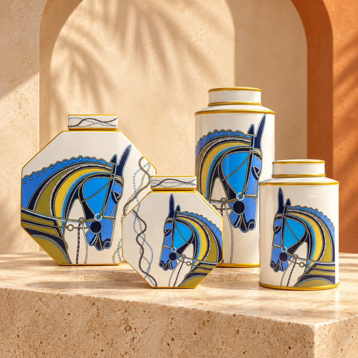 Pots décoratifs Cheval – Blanc et bleu, 4 formats