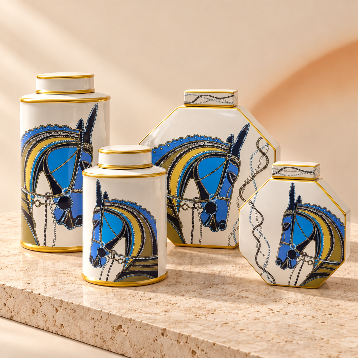 Pots décoratifs Cheval – Blanc et bleu, 4 formats