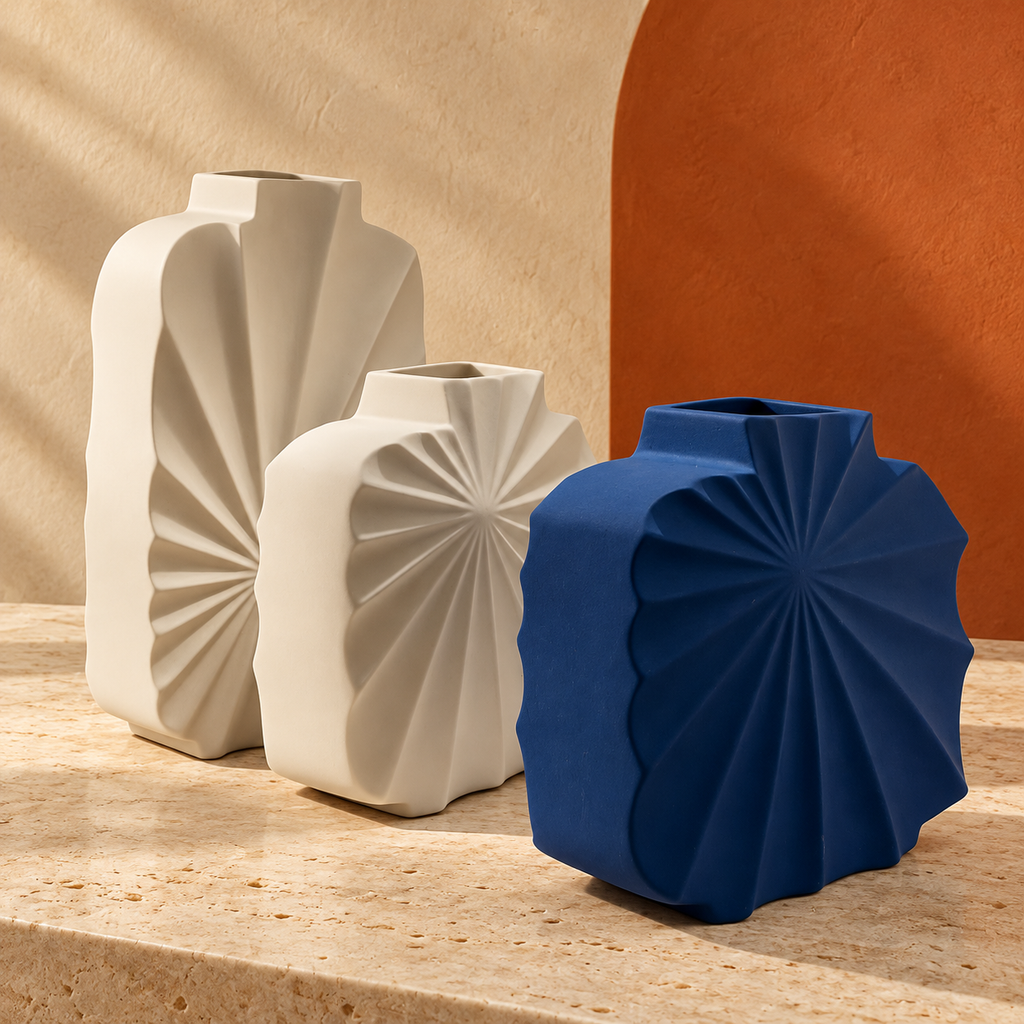 Ensemble de 3 vases décoratifs plissés – Bleu et ivoire