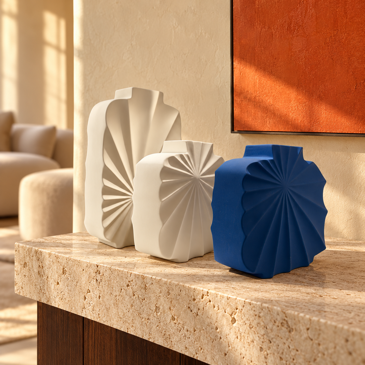 Ensemble de 3 vases décoratifs plissés – Bleu et ivoire