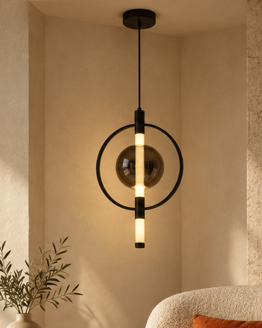 Suspension LED noire avec globe fumé | Atlas Maison