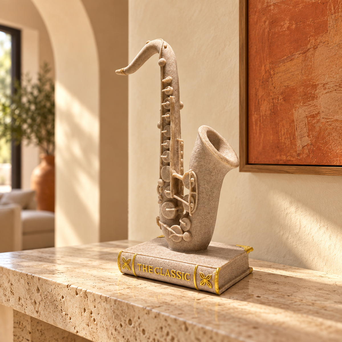 Sculpture décorative saxophone sur livre – Beige et doré