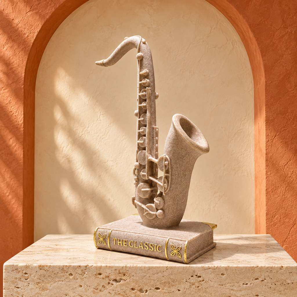 Sculpture décorative saxophone sur livre – Beige et doré