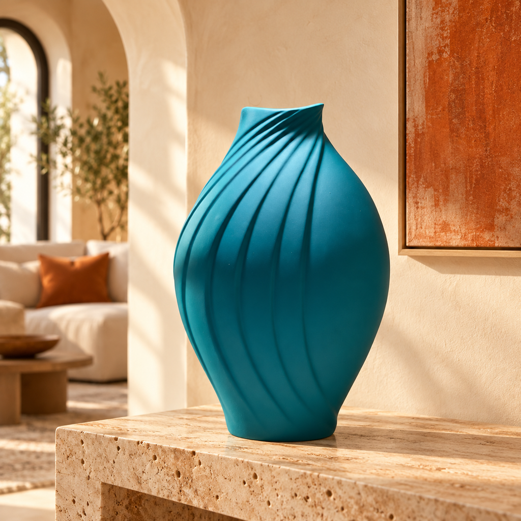 Vase décoratif bleu sculptural à lignes en relief