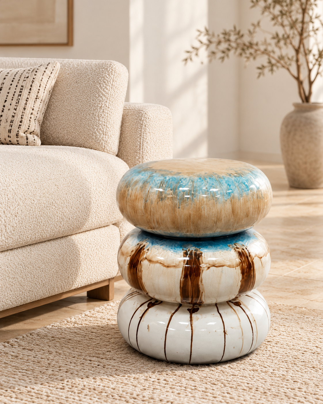 Table d’appoint sculpturale à anneaux – Crème, brun et turquoise