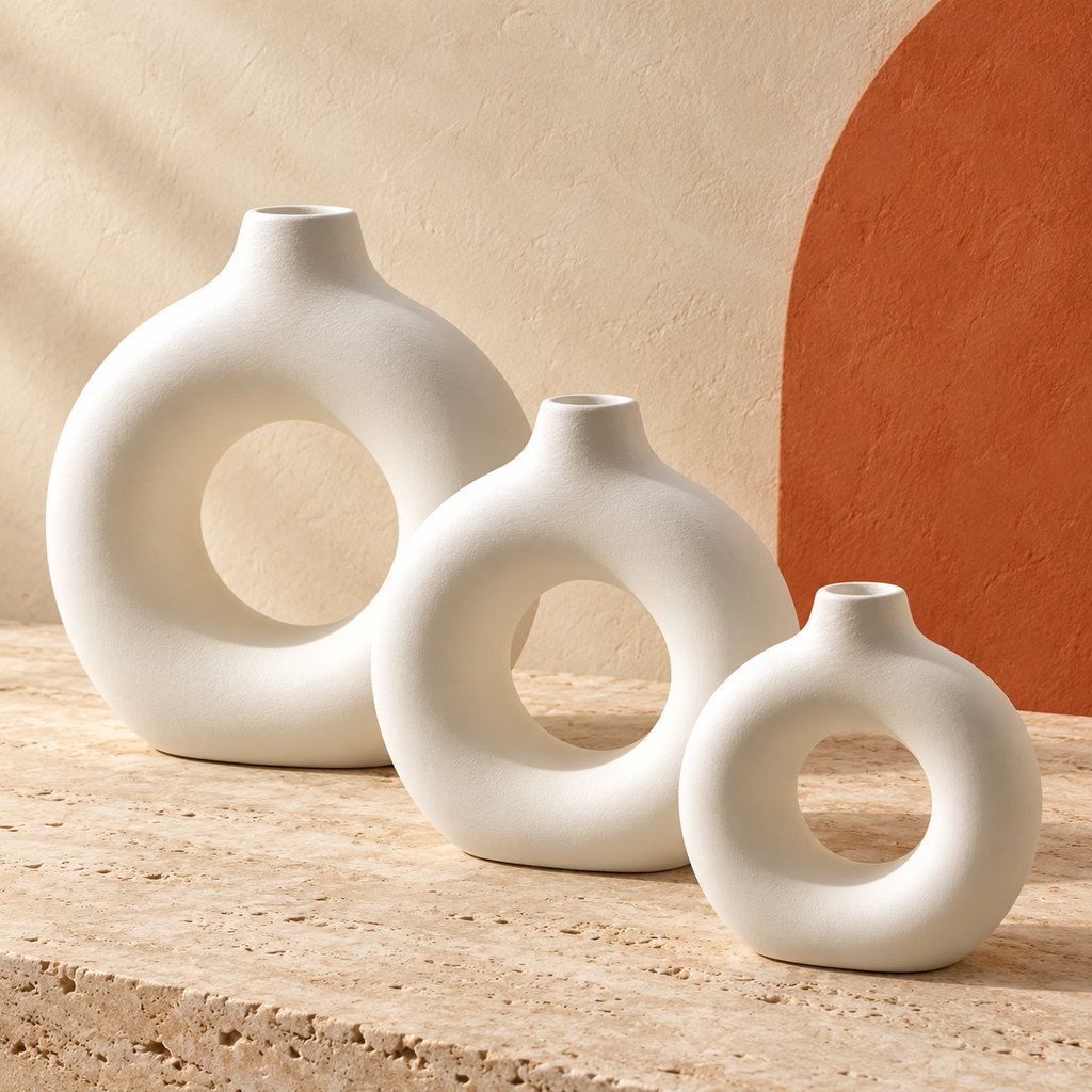 Ensemble de 3 vases décoratifs anneau – Blanc mat