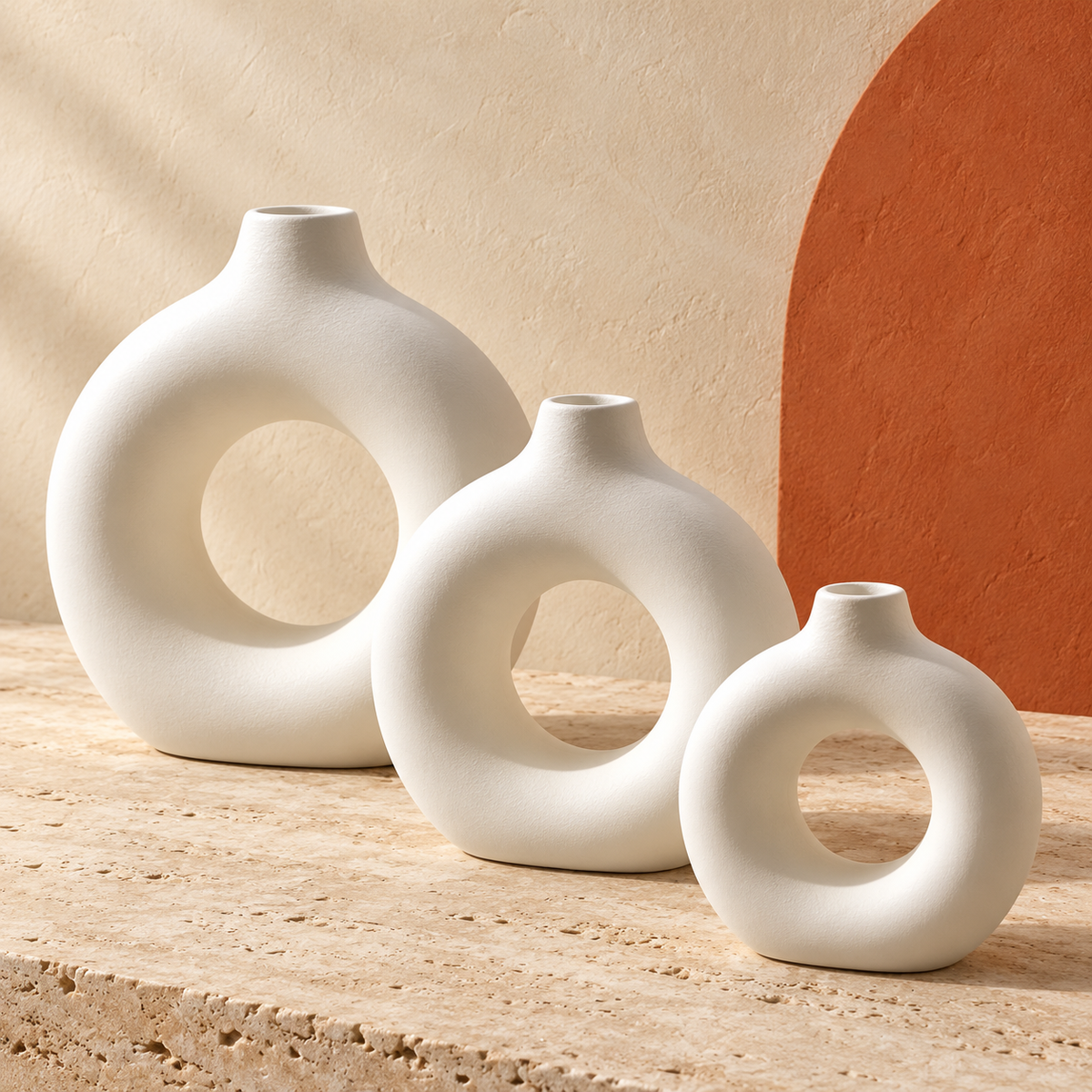 Ensemble de 3 vases décoratifs anneau – Blanc mat