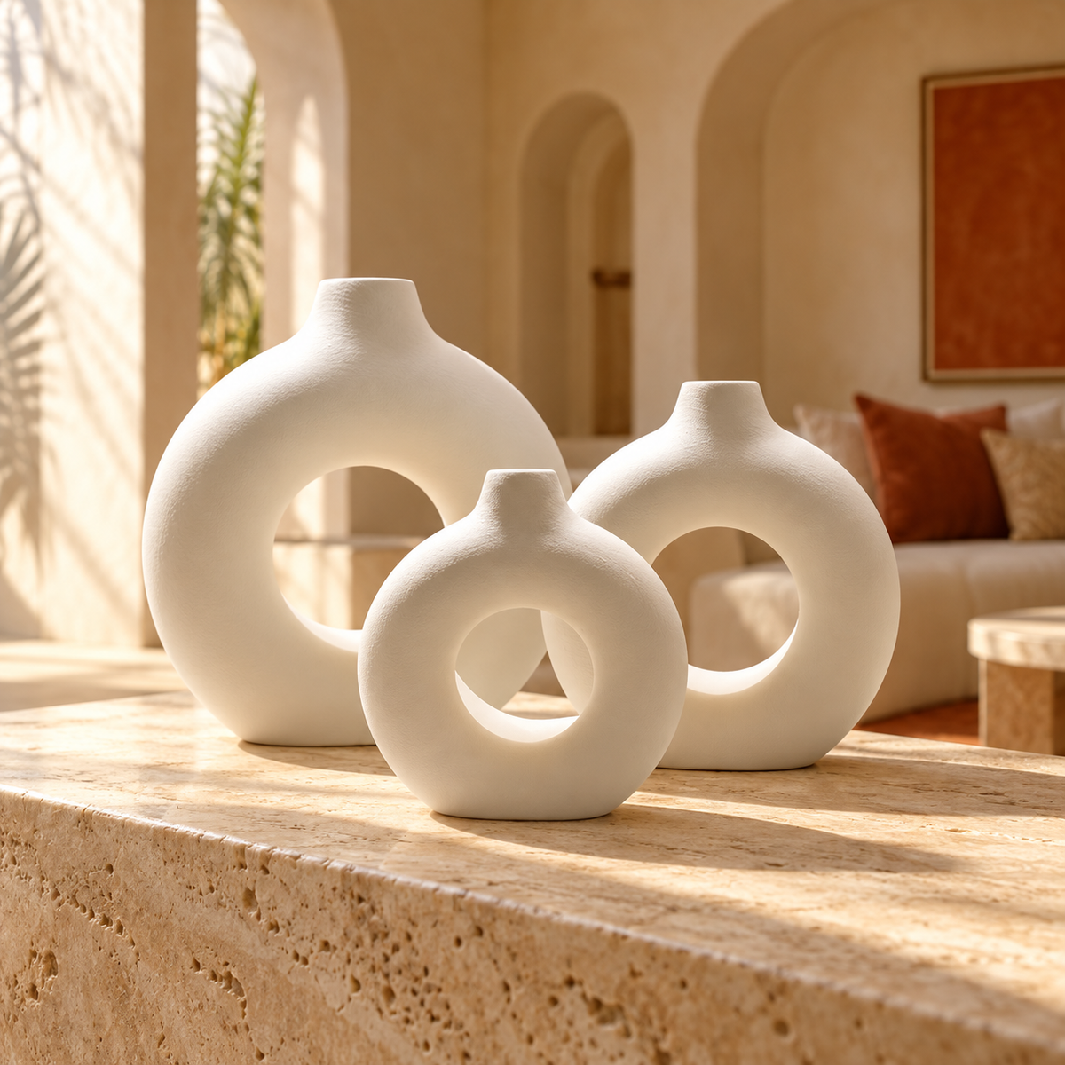 Ensemble de 3 vases décoratifs anneau – Blanc mat