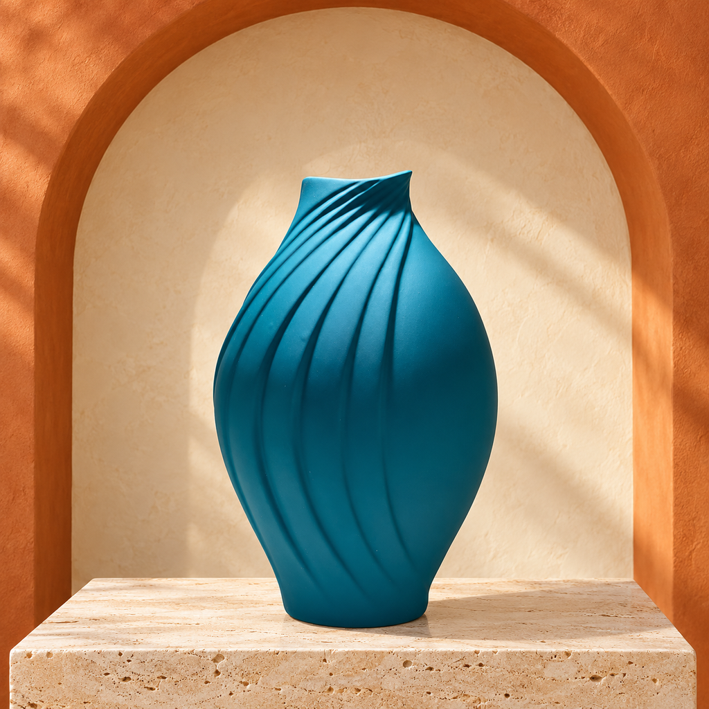 Vase décoratif bleu sculptural à lignes en relief