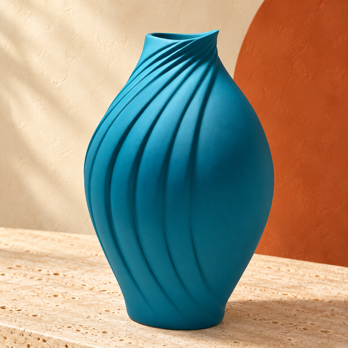 Vase décoratif bleu sculptural à lignes en relief